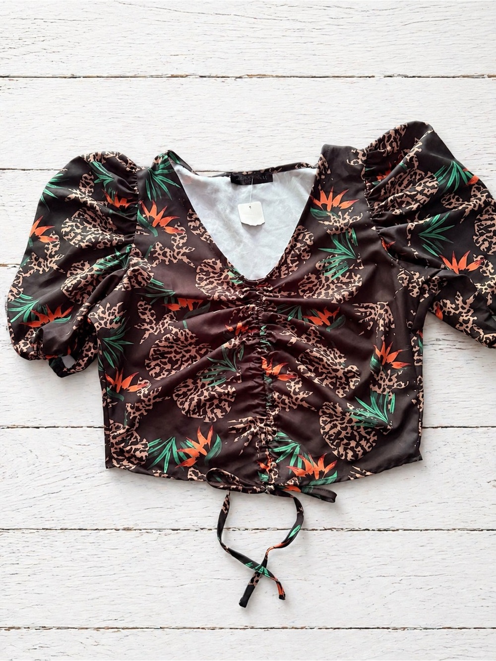 Brown Tropical Ruched Puff-Sleeve Crop Top